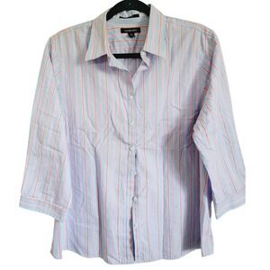 Lands End 14 Women's Supima Cotton Long Sleeve Blouse Striped Blue‎ Red No Iron